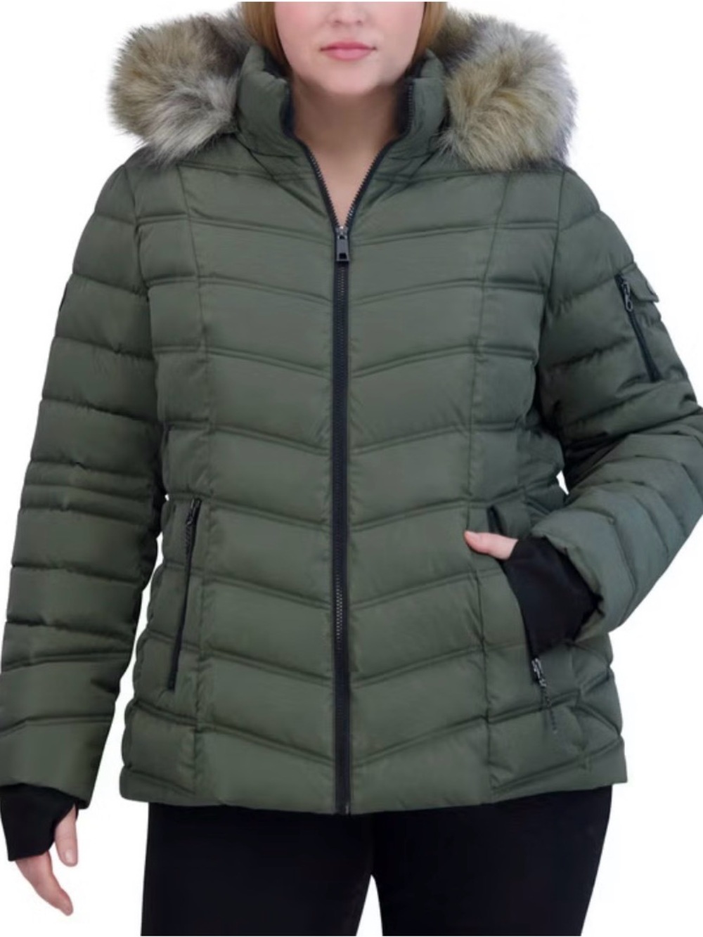Nautica Women’s XXL Green Puffer Jacket Detachable Faux Fur Hood Water Resistant